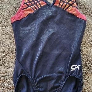 GK adult small gymnastics navy orange leotard .  Size AS adult small